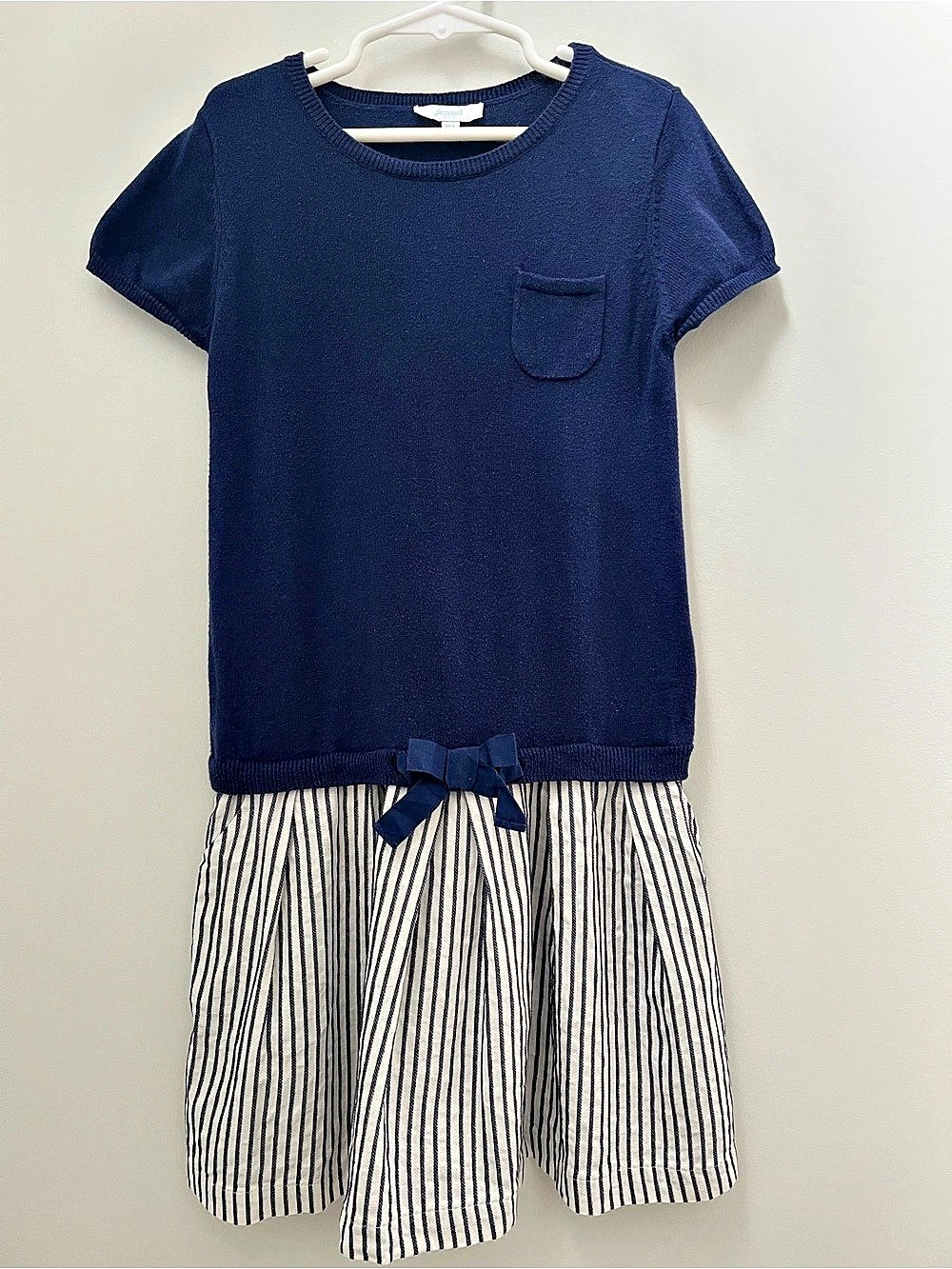 Jacadi Paris Elegant Knitted Navy Strip Dress Bow Detail